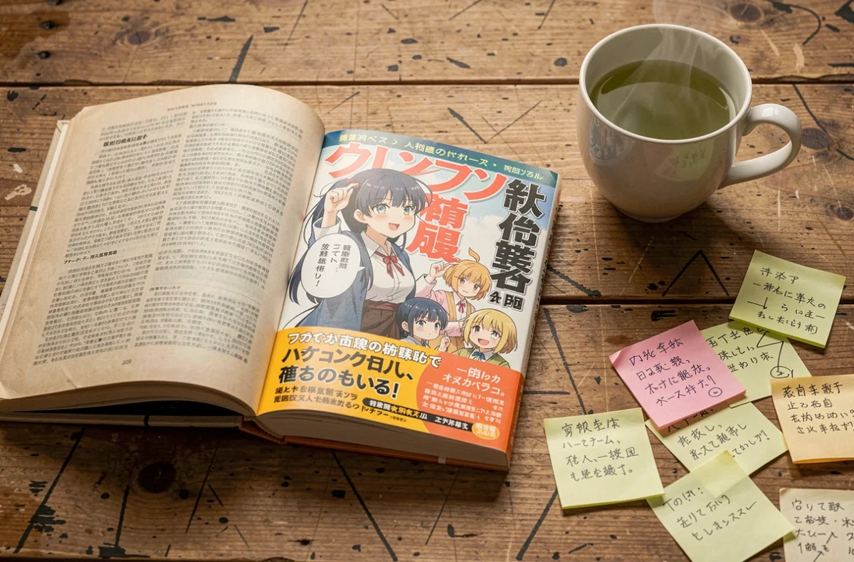 Manga One Piece ouvert sur un bureau avec des notes de théories de fans et une tasse de thé vert