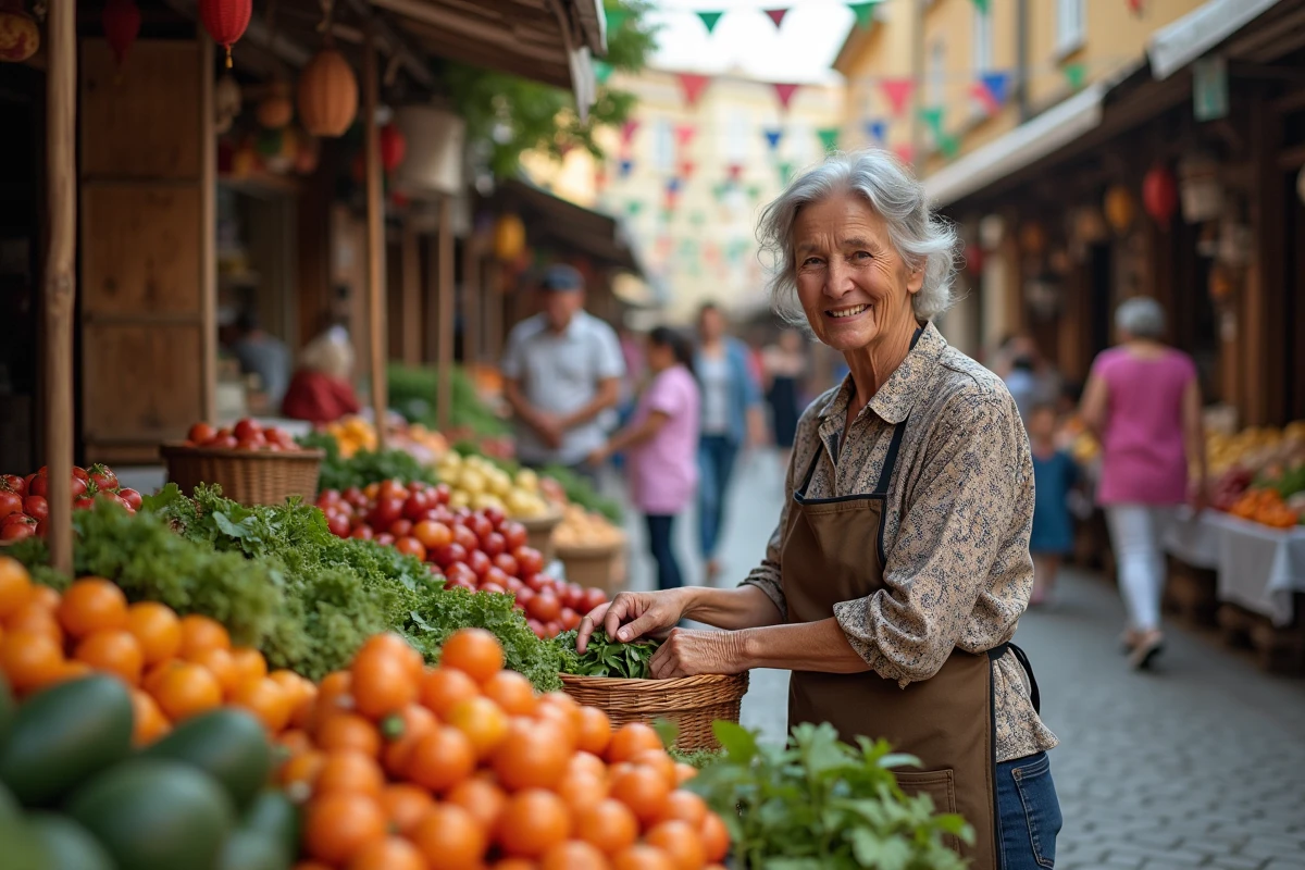 Femme âgée vendant des produits frais au marché