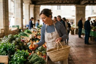 Femme choisissant des légumes frais sur un marché couvert historique de Lyon, ambiance authentique et gastronomique
