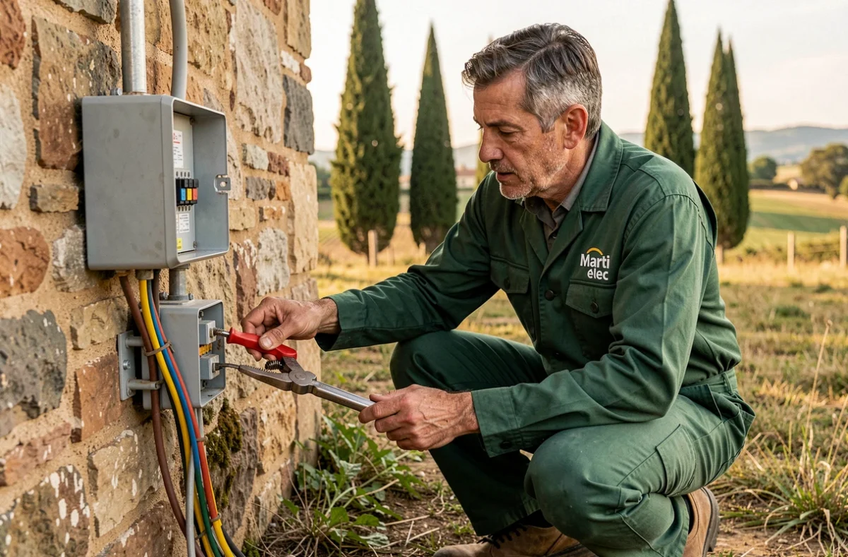 Électricien de Marti Élec travaillant sur un boîtier électrique extérieur d'une ferme dans le Gers