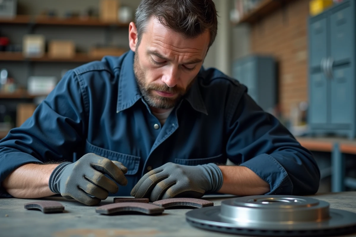 Mécanicien inspectant des plaquettes de frein et disque