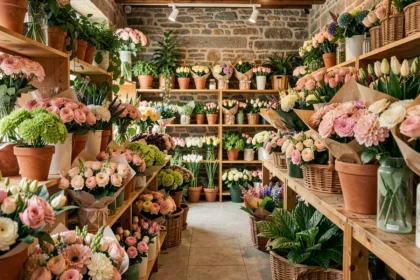 Intérieur d'une boutique de fleuriste dans les Vosges avec des bouquets colorés et des plantes fraîches