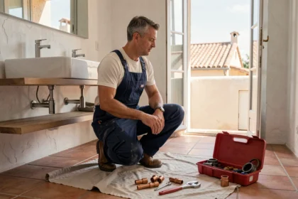 Plombier professionnel travaillant dans un appartement provençal des Bouches-du-Rhône, illustrant le classement des meilleurs plombiers de la région