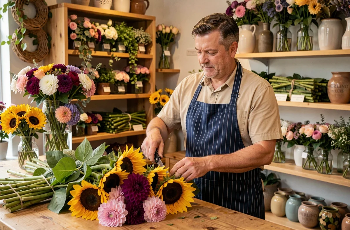 Fleuriste de Merlino Fleurs à Épinal taillant des tournesols et dahlias frais au comptoir