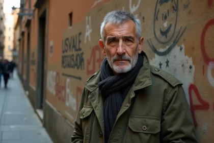 Portrait d'un militant antifasciste dans une ruelle historique de Bologne, devant des graffitis de résistance italienne