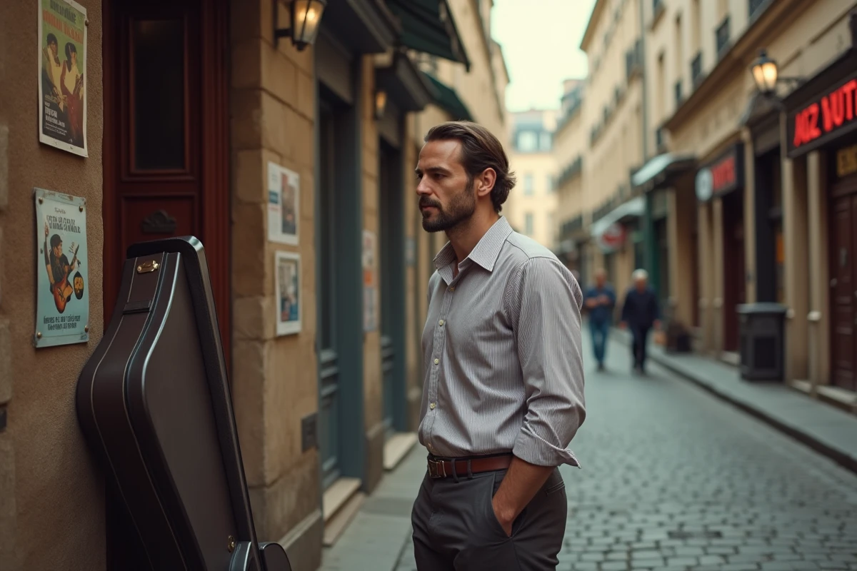Musicien élégant au style rétro devant une salle de jazz parisienne, évoquant l'univers artistique de Thomas Dutronc