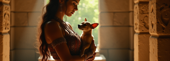 Dame azteque ancienne tenant un petit chihuahua dans un temple