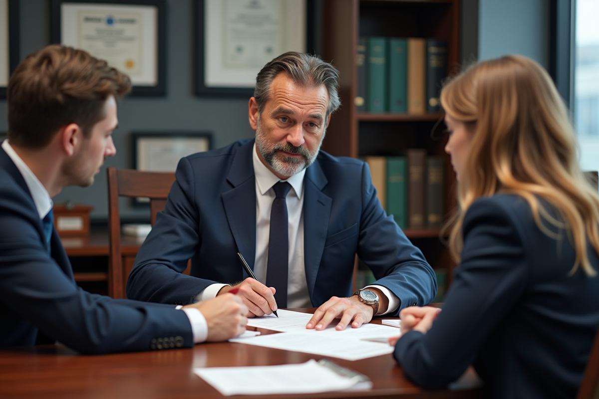 Notaire expliquant des documents à un jeune couple dans un bureau moderne