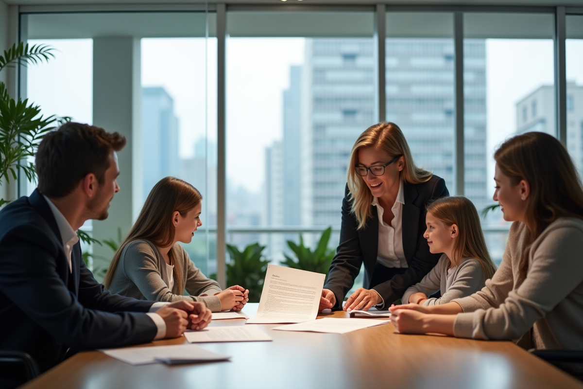 Notaire expliquant un testament à une famille dans un bureau moderne