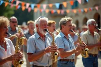 Groupe de musiciens en fête dans un village français