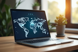 Ordinateur portable affichant une application VPN avec une carte du monde