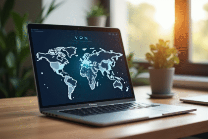 Ordinateur portable affichant une application VPN avec une carte du monde