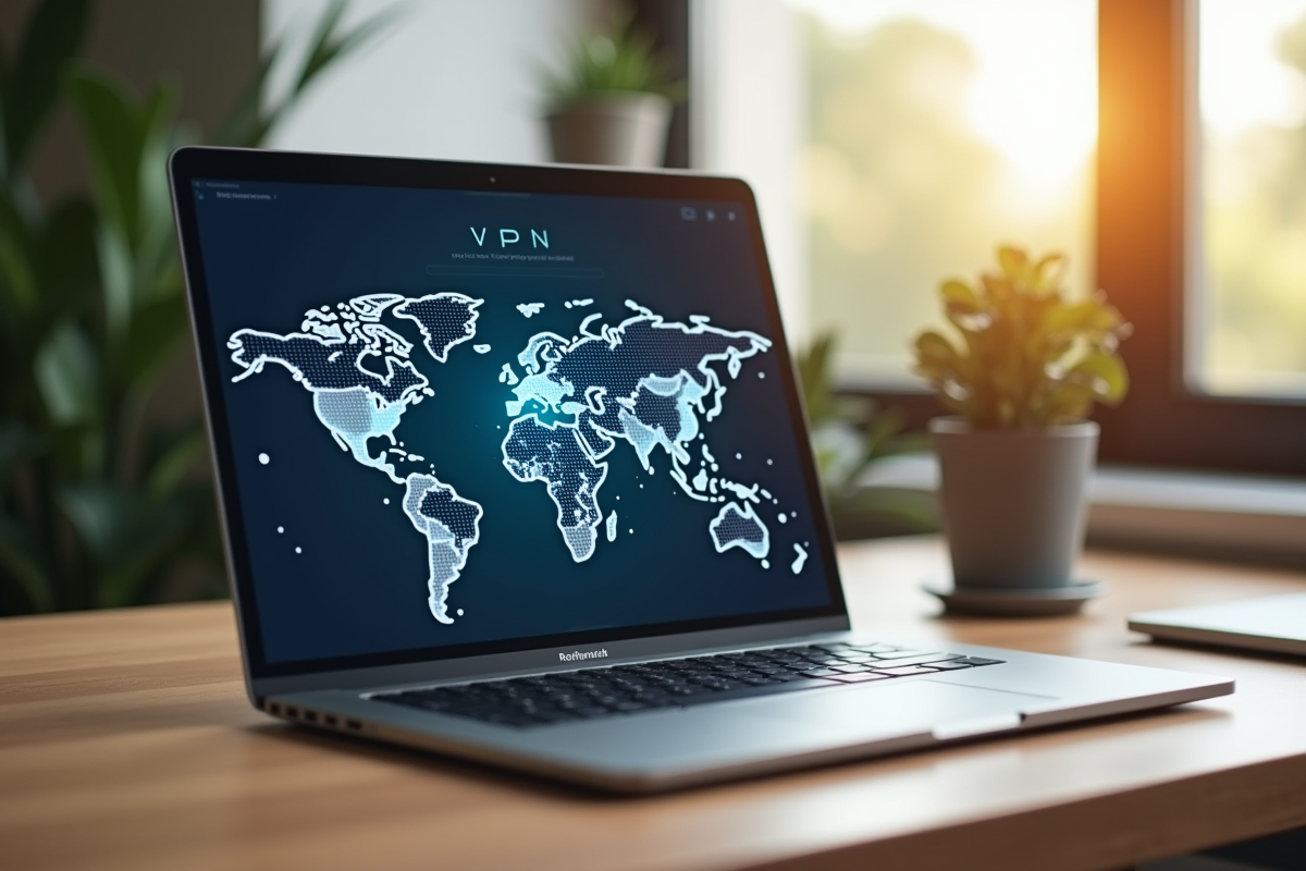 Ordinateur portable affichant une application VPN avec une carte du monde