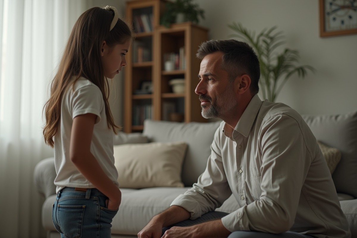 Père et fille en conversation dans un salon calme