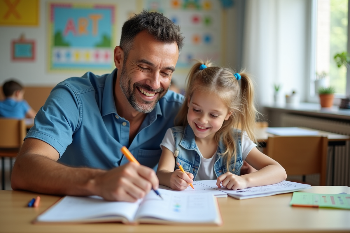 Père et fille coloriant dans une classe lumineuse