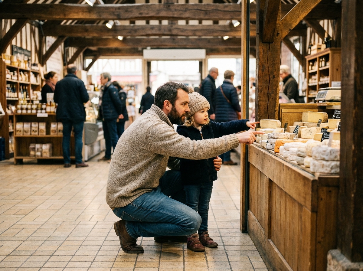 Père et fille découvrant fromages au marché de Rouen