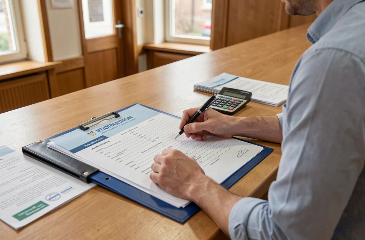 Parent remplissant un dossier d'inscription à la mairie