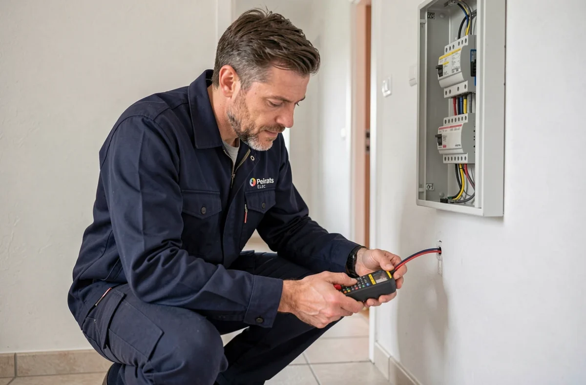 Électricien de Peirats Elec testant un tableau électrique résidentiel dans une maison du Gers