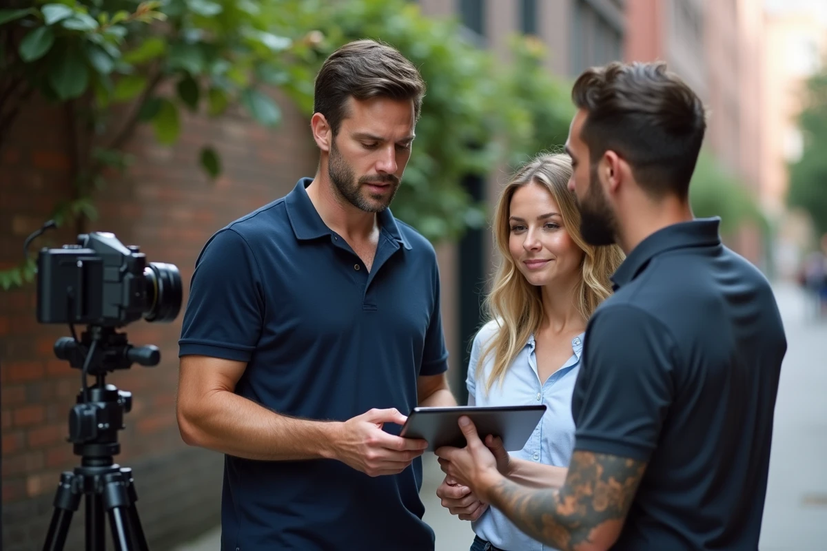 Photographe montrant son portfolio sur tablette à des clients lors d'une consultation de séance photo en extérieur