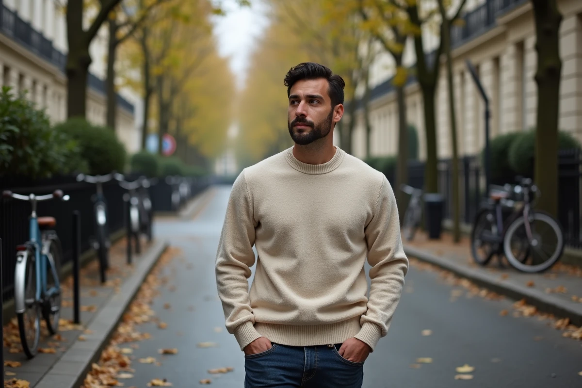 Homme aux traits méditerranéens se promenant dans une rue résidentielle parisienne en automne, évoquant les origines et le cadre de vie discret de Pierre Haroche
