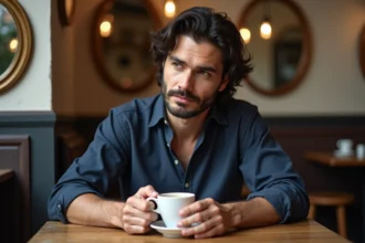Portrait intime d'un homme français pensif attablé dans un café parisien authentique, illustrant la vie privée et le quotidien discret de Pierre Haroche