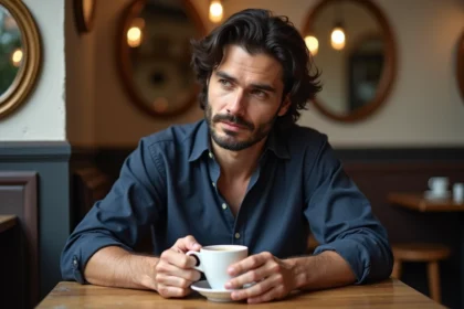 Portrait intime d'un homme français pensif attablé dans un café parisien authentique, illustrant la vie privée et le quotidien discret de Pierre Haroche