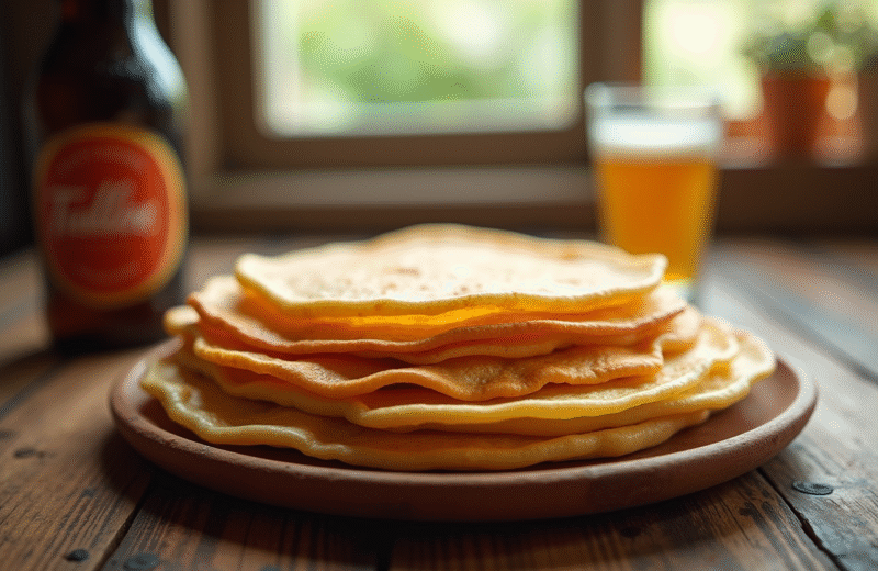 Pile de crepes dorées sur une table en bois rustique
