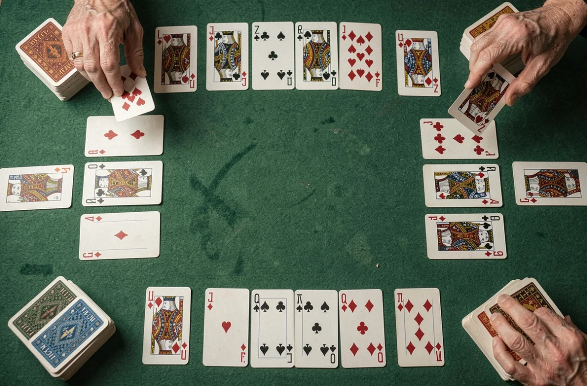 Vue aérienne d'une table de jeu en feutre vert avec deux jeux de cartes disposés en solitaire croisé pour une partie de crapette, mettant en évidence l'espace central de la pioche optionnelle