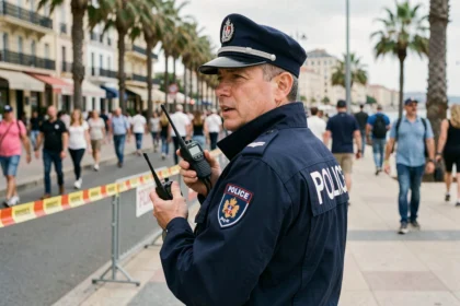 Policier français en uniforme gérant une situation de sécurité sur La Croisette à Cannes avec des barrières de sécurité visibles en arrière-plan