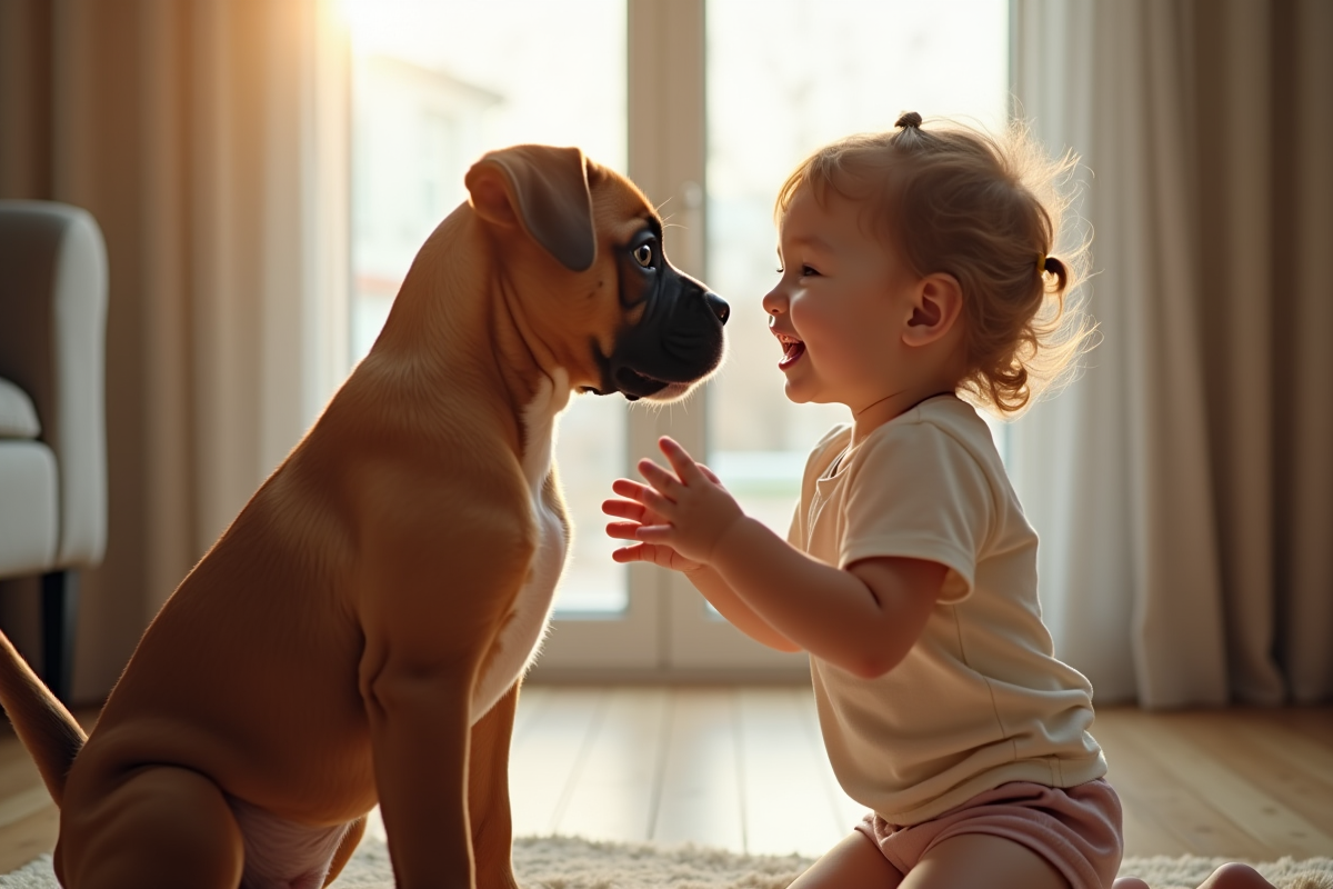 Jeune chiot boxer rencontrant un enfant dans un salon lumineux