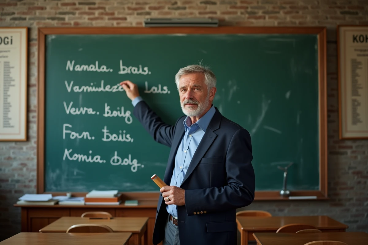 Professeur de français enseignant les formes de conjugaison du verbe jouir au tableau dans une salle de classe