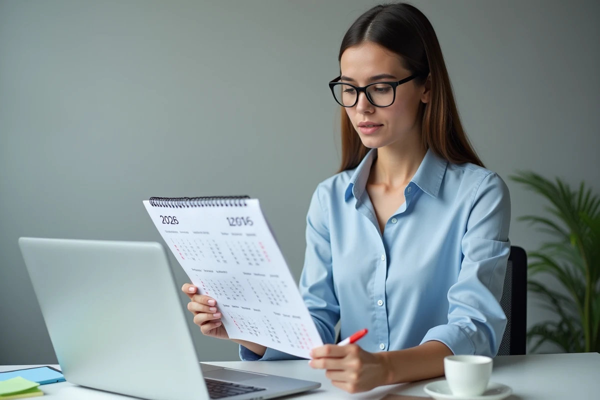 Jeune femme en bureau consultant un calendrier imprimé des jours fériés 2026 et entourant les dates importantes