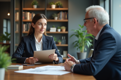 Femme professionnelle en réunion immobiliere avec un homme
