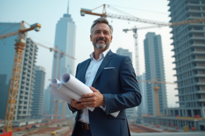 Promoteur immobilier avec plans sur site urbain en construction
