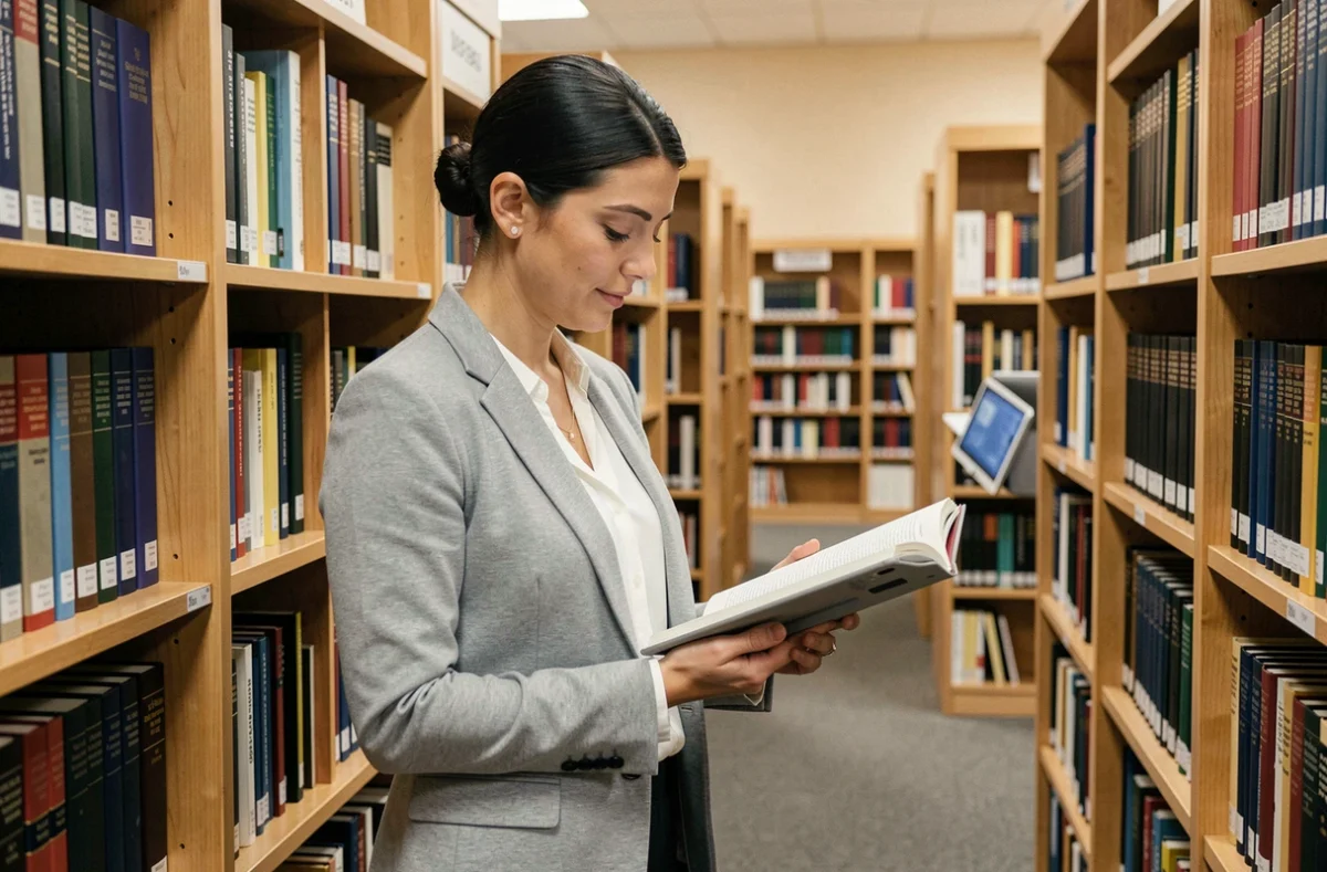 Femme recherchant des informations fiables dans une bibliothèque avec une tablette et des livres de référence