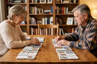 Deux joueurs adultes face à face autour d'une table en bois jouant à la crapette avec des cartes disposées en colonnes, illustrant le choix de la règle avec ou sans pioche centrale