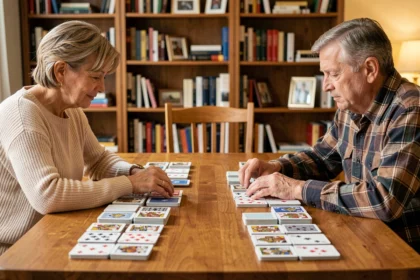 Deux joueurs adultes face à face autour d'une table en bois jouant à la crapette avec des cartes disposées en colonnes, illustrant le choix de la règle avec ou sans pioche centrale