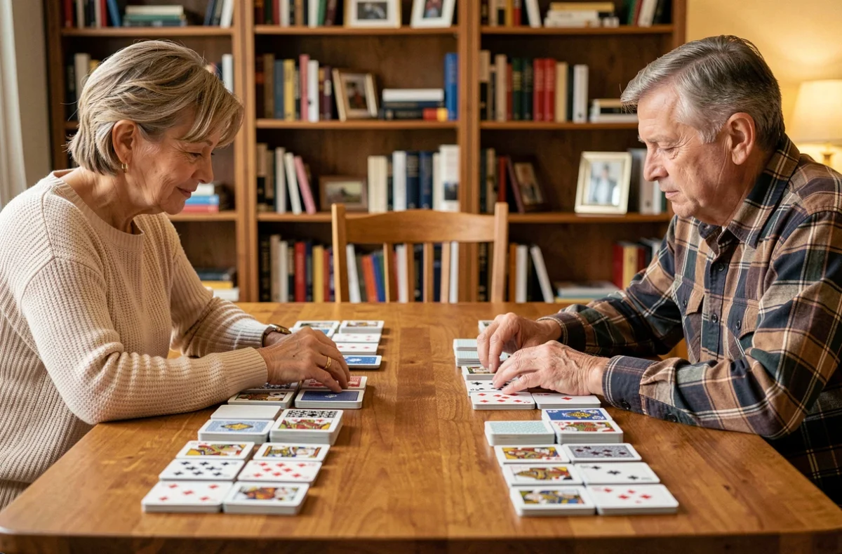 Deux joueurs adultes face à face autour d'une table en bois jouant à la crapette avec des cartes disposées en colonnes, illustrant le choix de la règle avec ou sans pioche centrale