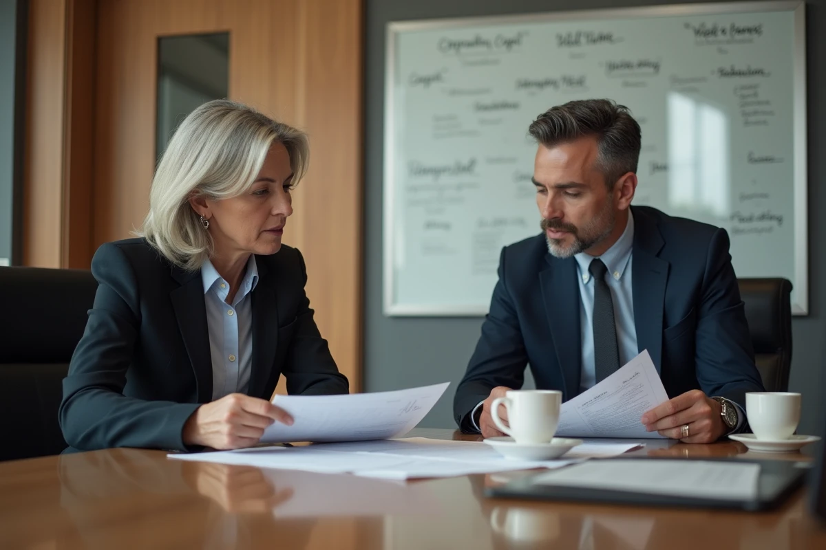 Deux professionnels du droit discutant des définitions réglementaires dans des documents juridiques incluant des termes spécifiques tels que NORIAS