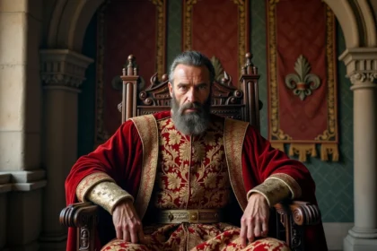 Roi médiéval en robe riche assis sur un trône en bois