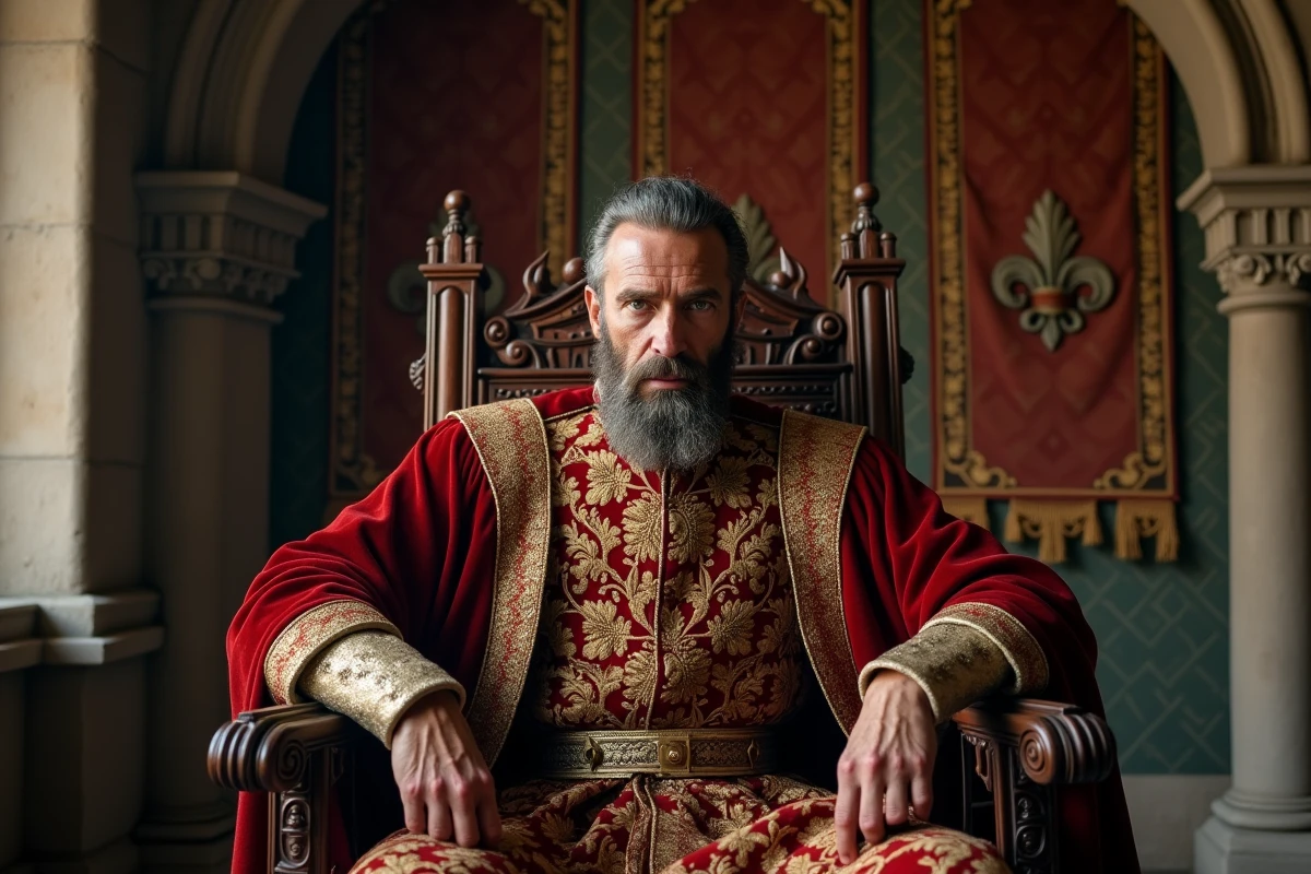 Roi médiéval en robe riche assis sur un trône en bois