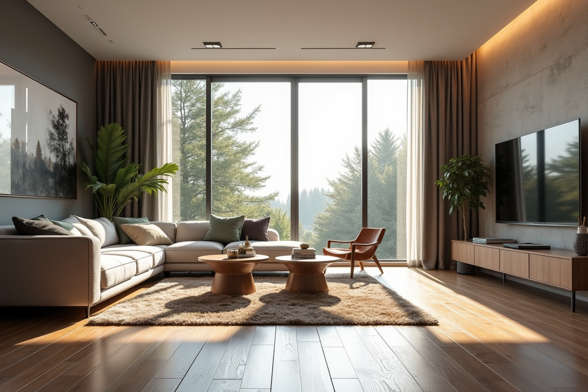Salon accueillant avec styles moderne et traditionnel contrastés
