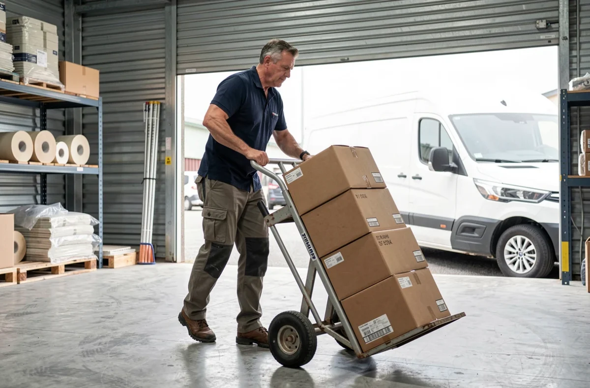Employé de Sarl Voreux Lauwers utilisant un diable pour déplacer des cartons dans un dépôt logistique