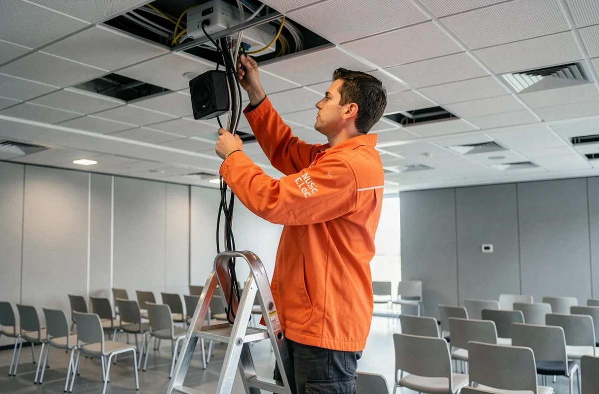 Électricien de SAS Music Elec installant le câblage audiovisuel dans une salle de conférence moderne dans le Gers