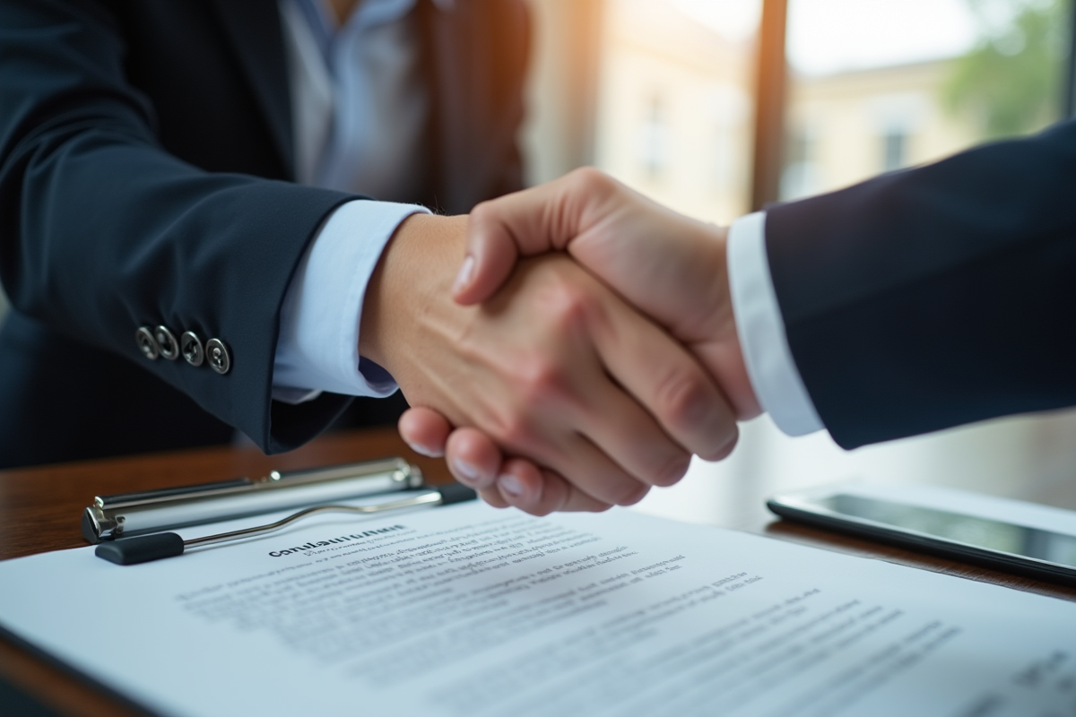 Deux personnes se serrant la main sur un contrat en droit français