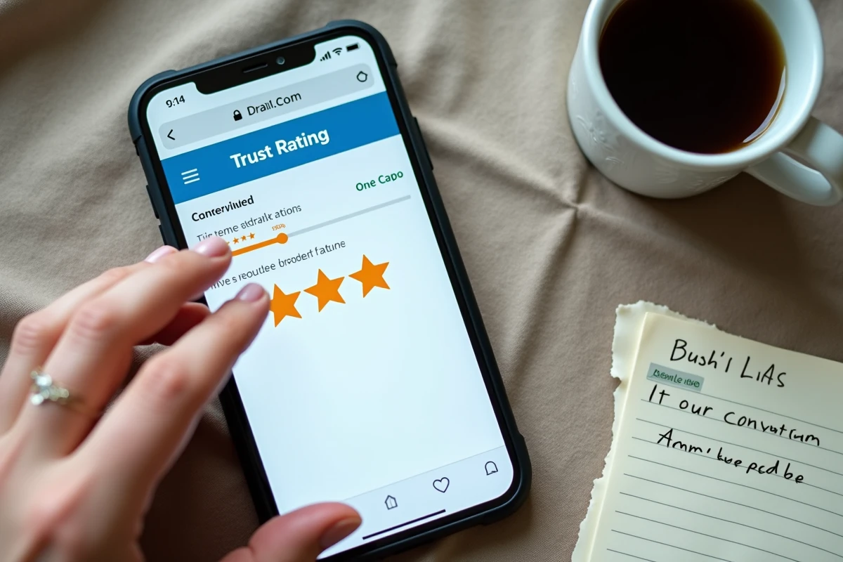 Vue aérienne d'un smartphone affichant des avis et indicateurs de fiabilité d'un site web posé sur une table avec café et notes manuscrites