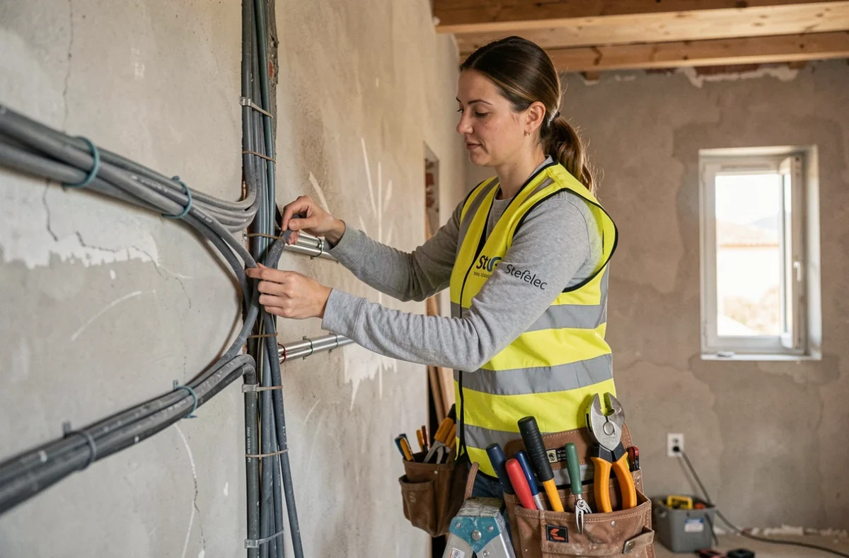 Électricienne de Stef'élec installant des câbles électriques dans une maison neuve dans le Gers