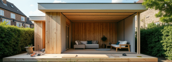 Studio de jardin moderne en construction dans une cour
