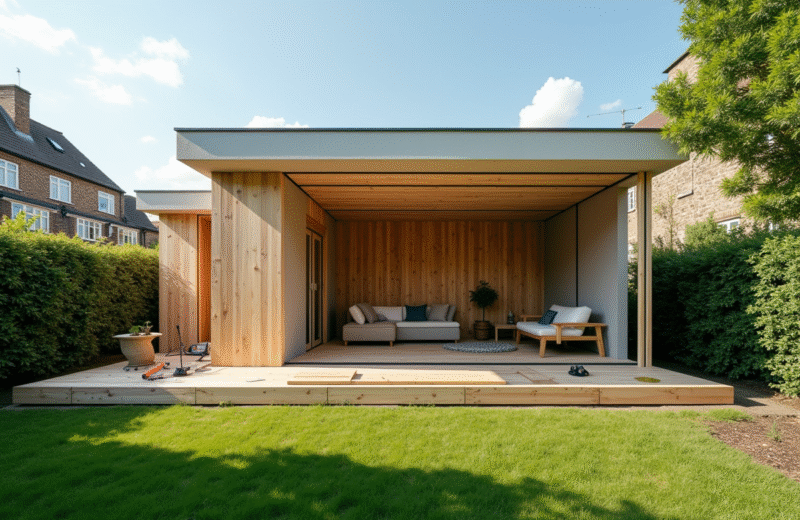 Studio de jardin moderne en construction dans une cour