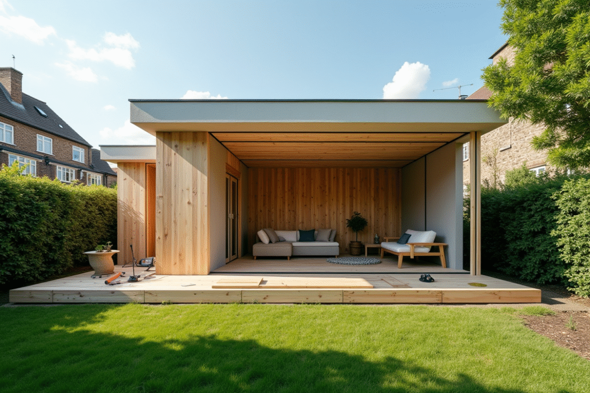 Studio de jardin moderne en construction dans une cour